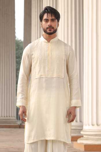 Surabhi Agarwal_Off White Silk, Rayon Embroidered Mirror Yoke Kurta And Salwar Set _Online_at_Aza_Fashions