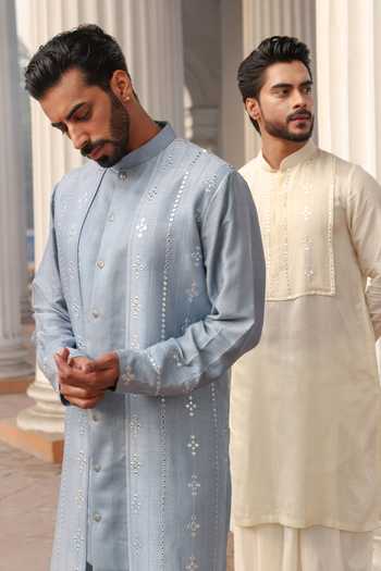 Buy_Surabhi Agarwal_Blue Silk, Cotton Satin Embroidered Kurta And Pyjama Set _Online_at_Aza_Fashions