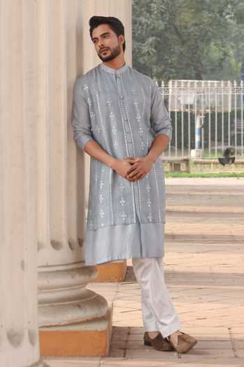Surabhi Agarwal Embroidered Mirror Layered Silk Kurta & Pyjama Set 