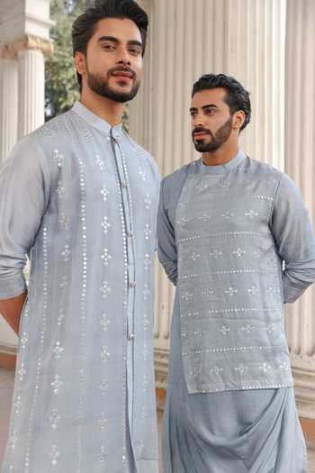 Surabhi Agarwal_Blue Silk, Cotton Satin Embroidered Mirror Layered Kurta And Pyjama Set _Online_at_Aza_Fashions