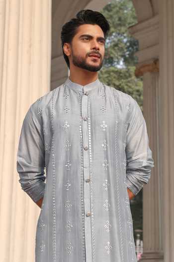 Buy_Surabhi Agarwal_Blue Silk, Cotton Satin Embroidered Mirror Layered Kurta And Pyjama Set _Online_at_Aza_Fashions
