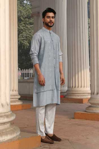 Surabhi Agarwal Embroidered Mirror Layered Silk Kurta & Pyjama Set 