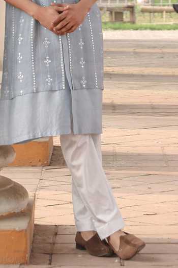 Shop_Surabhi Agarwal_Blue Silk, Cotton Satin Embroidered Mirror Layered Kurta And Pyjama Set _Online_at_Aza_Fashions