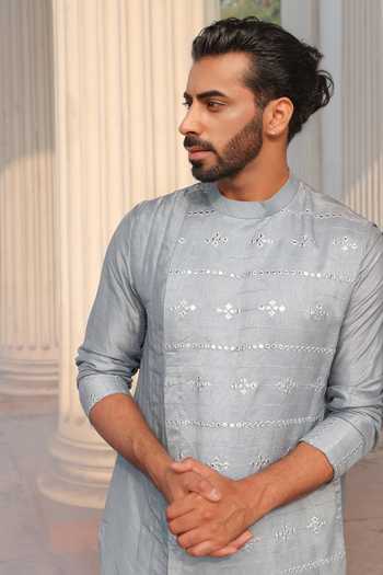 Surabhi Agarwal_Blue Silk, Cotton, Satin Overlap Mirror Embroidered Kurta And Pyjama Set _Online_at_Aza_Fashions