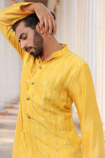 Shop_Surabhi Agarwal_Yellow Silk, Rayon Mirror Embroidered Kurta Set _Online_at_Aza_Fashions
