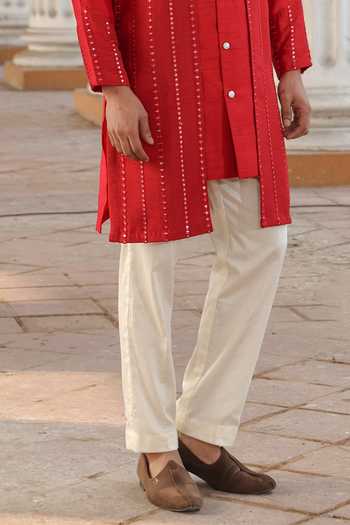 Buy_Surabhi Agarwal_Red Silk, Cotton Satin Embroidered Kurta And Pyjama Set _Online_at_Aza_Fashions