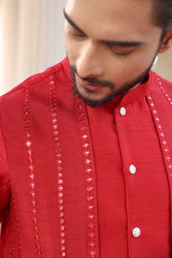 Shop_Surabhi Agarwal_Red Silk, Cotton Satin Embroidered Kurta And Pyjama Set _Online_at_Aza_Fashions