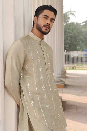 Buy_Surabhi Agarwal_Green Silk, Cotton Satin Hand Embroidered Kurta And Pyjama Set _Online_at_Aza_Fashions