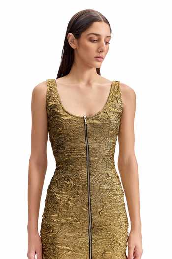Shop_Cilvr_Gold Polyester Scoop Neck Antique Front Zip Dress _Online_at_Aza_Fashions