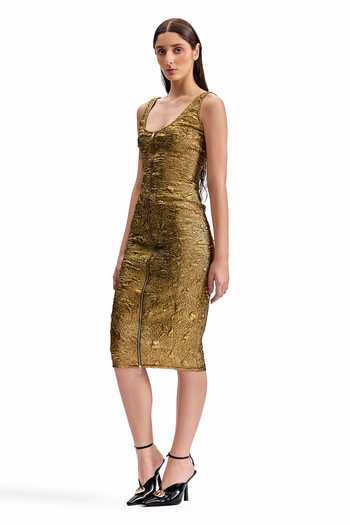 Cilvr_Gold Polyester Scoop Neck Antique Front Zip Dress _at_Aza_Fashions