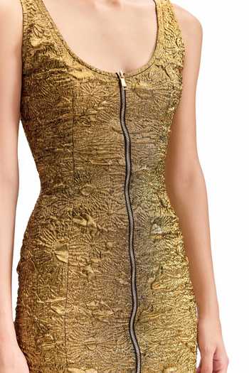 Buy_Cilvr_Gold Polyester Scoop Neck Antique Front Zip Dress 