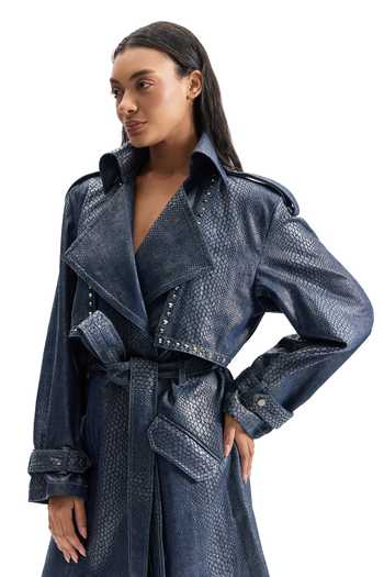 Shop Cilvr Blue Cotton Serpentine Foil Denim Trench Coat Shop_Cilvr_Blue Cotton Serpentine Foil Denim Trench Coat