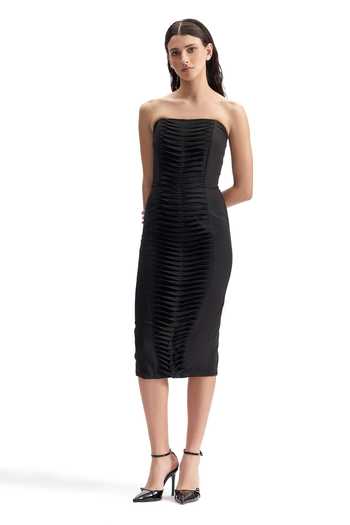 Buy_Cilvr_Black Viscose, Polyester Bandeau Neck Contour Pleated Midi Dress _Online_at_Aza_Fashions