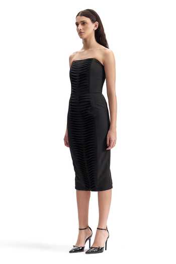 Shop_Cilvr_Black Viscose, Polyester Bandeau Neck Contour Pleated Midi Dress _Online_at_Aza_Fashions