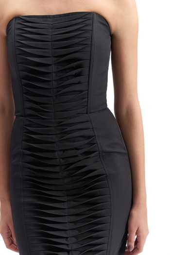 Cilvr_Black Viscose, Polyester Bandeau Neck Contour Pleated Midi Dress _at_Aza_Fashions