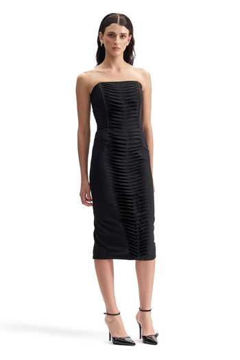 Shop_Cilvr_Black Viscose, Polyester Bandeau Neck Contour Pleated Midi Dress 