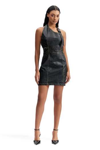 Shop_Cilvr_Black Polyester Halter Neck, One Shoulder Cracked Leather Mini Dress _Online_at_Aza_Fashions