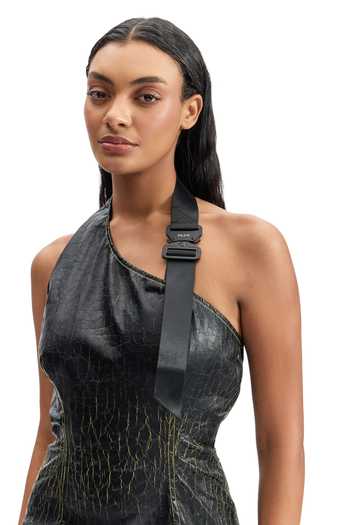 Cilvr_Black Polyester Halter Neck, One Shoulder Cracked Leather Mini Dress _at_Aza_Fashions