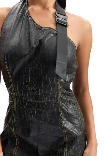 Buy_Cilvr_Black Polyester Halter Neck, One Shoulder Cracked Leather Mini Dress 