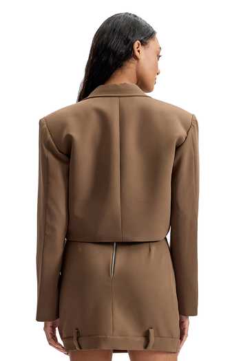 Shop Cilvr Brown Viscose, Polyester Plunge Neck Cropped Zip Front Blazer at Aza Fashions Shop_Cilvr_Brown Viscose, Polyester Plunge Neck Cropped Zip Front Blazer _at_Aza_Fashions
