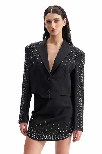 Shop_Cilvr_Black Viscose, Polyester Noir Studded Power Blazer Set 