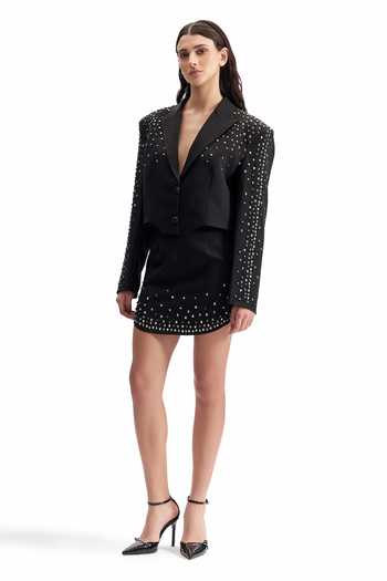 Shop Cilvr Black Viscose, Polyester V-neck Noir Studded Power Blazer Online at Aza Fashions Shop_Cilvr_Black Viscose, Polyester V-neck Noir Studded Power Blazer _Online_at_Aza_Fashions