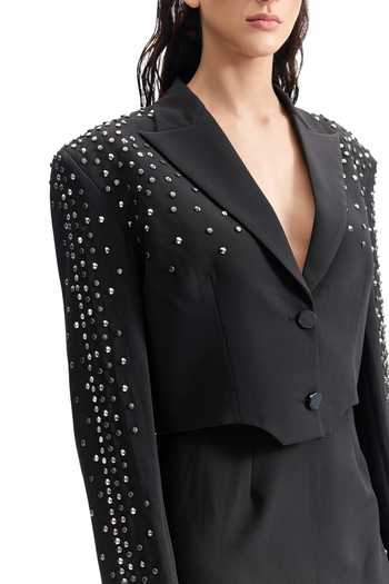 Buy Cilvr Black Viscose, Polyester V-neck Noir Studded Power Blazer Buy_Cilvr_Black Viscose, Polyester V-neck Noir Studded Power Blazer