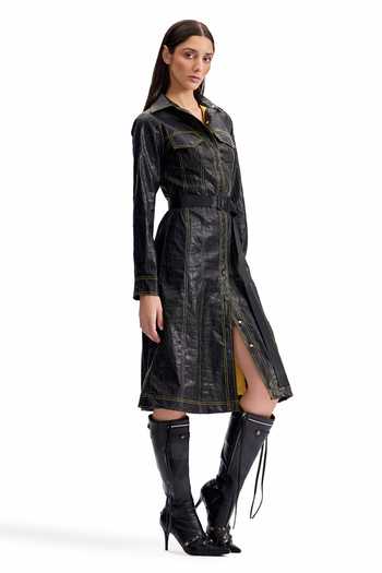 Buy_Cilvr_Black Polyester Collared Cracked Leather Midi Shirt Dress _Online_at_Aza_Fashions
