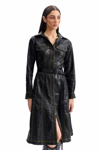 Cilvr_Black Polyester Collared Cracked Leather Midi Shirt Dress _at_Aza_Fashions