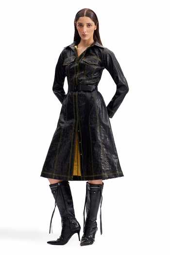 Buy_Cilvr_Black Polyester Collared Cracked Leather Midi Shirt Dress 