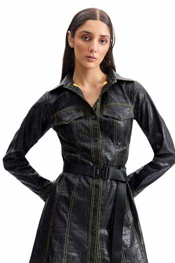 Shop_Cilvr_Black Polyester Collared Cracked Leather Midi Shirt Dress 