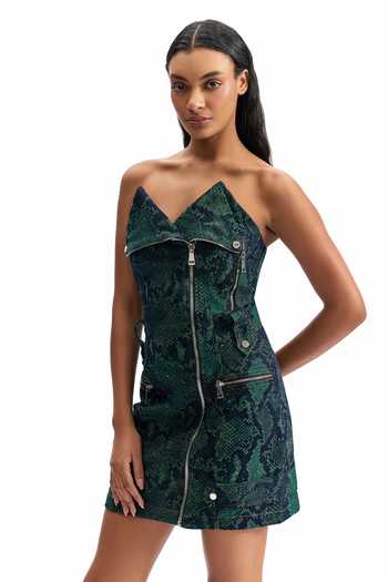 Buy_Cilvr_Green Cotton, Polyester Sweetheart Neck Serpent Biker Dress _Online_at_Aza_Fashions