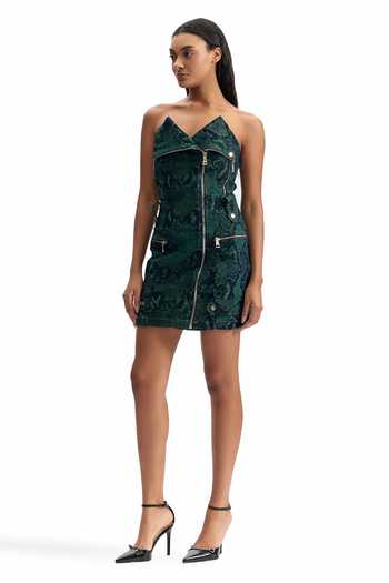 Cilvr_Green Cotton, Polyester Sweetheart Neck Serpent Biker Dress _at_Aza_Fashions