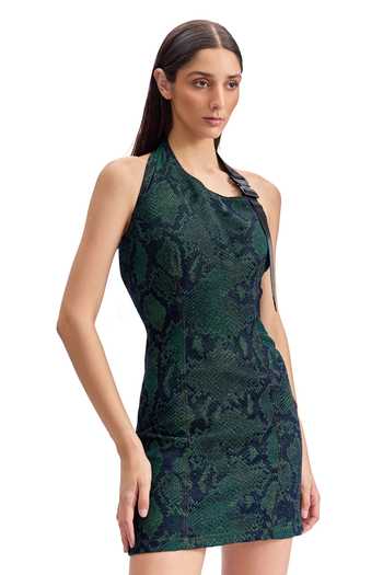 Buy_Cilvr_Green Cotton, Polyester One Shoulder Serpent Denim Mini Dress _Online_at_Aza_Fashions