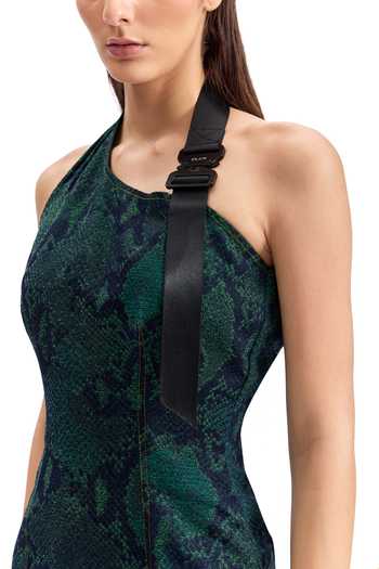 Buy_Cilvr_Green Cotton, Polyester One Shoulder Serpent Denim Mini Dress 