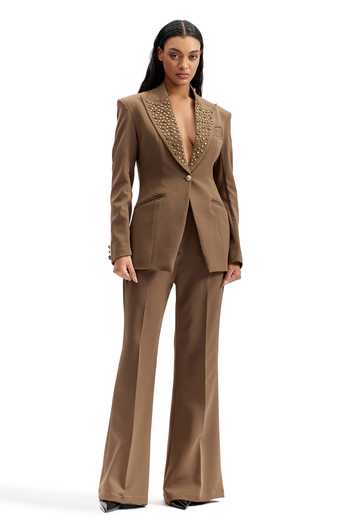 Cilvr_Brown Viscose, Polyester Studded Lapel Power Suit Pant Set _at_Aza_Fashions