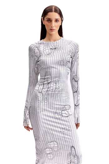 Shop_Cilvr_Black Polyester, Spandex Round Neck Entangled Mesh Midi Dress _Online_at_Aza_Fashions