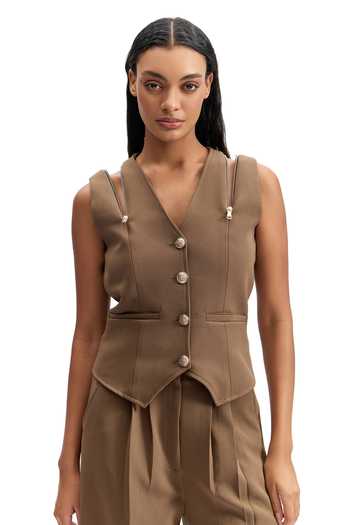 Buy Cilvr Brown Viscose, Polyester V-neck Sand Utility Waistcoat Pant Set Online at Aza Fashions Buy_Cilvr_Brown Viscose, Polyester V-neck Sand Utility Waistcoat Pant Set _Online_at_Aza_Fashions