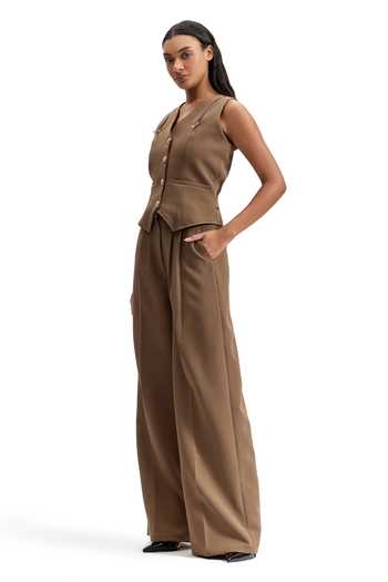 Cilvr_Brown Viscose, Polyester V-neck Sand Tailored Waistcoat _Online_at_Aza_Fashions