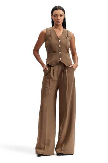 Buy_Cilvr_Brown Viscose, Polyester V-neck Sand Tailored Waistcoat _Online_at_Aza_Fashions