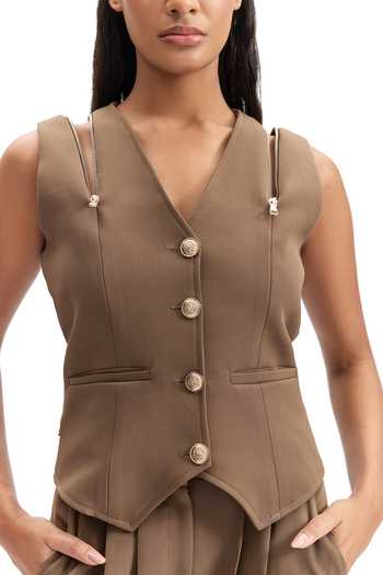 Shop_Cilvr_Brown Viscose, Polyester V-neck Sand Tailored Waistcoat _Online_at_Aza_Fashions