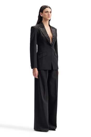 Cilvr_Black Viscose, Polyester Studded Lapel Obsidian Power Suit Set _Online_at_Aza_Fashions