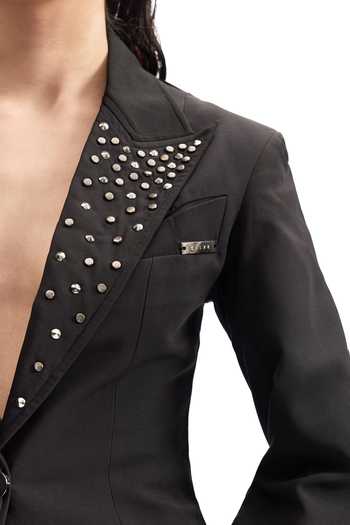 Buy_Cilvr_Black Viscose, Polyester Plunge Neck Studded Lapel Osibian Power Blazer _Online_at_Aza_Fashions