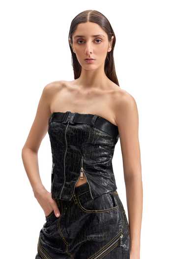 Cilvr_Black Polyester Buckles Bandeau Neck Cracked Leather Utility Corset Pant Set _Online_at_Aza_Fashions