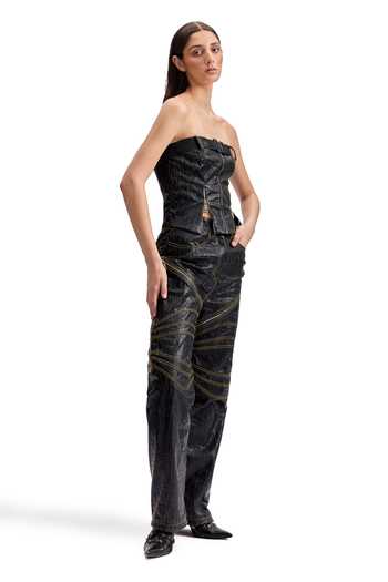 Buy_Cilvr_Black Polyester Buckles Bandeau Neck Cracked Leather Utility Corset Pant Set 
