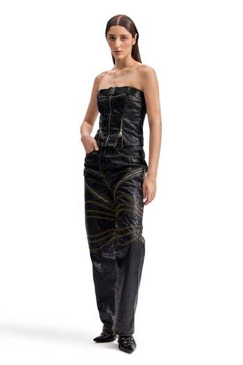 Shop_Cilvr_Black Polyester Buckles Bandeau Neck Cracked Leather Utility Corset Pant Set 