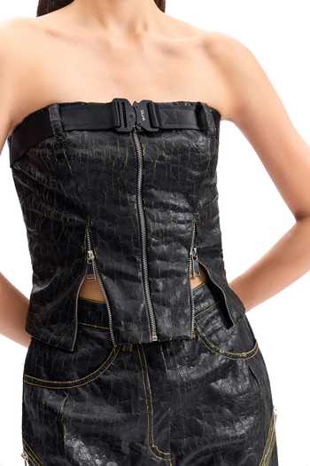 Buy_Cilvr_Black Polyester Buckles Bandeau Neck Cracked Leather Utility Corset _Online_at_Aza_Fashions