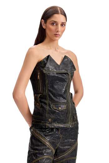 Shop_Cilvr_Black Polyester Studs, Buckles Asymmetric Cracked Leather Biker Corset Pant Set _Online_at_Aza_Fashions