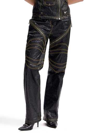 Cilvr_Black Polyester Studs, Buckles Asymmetric Cracked Leather Biker Corset Pant Set _at_Aza_Fashions