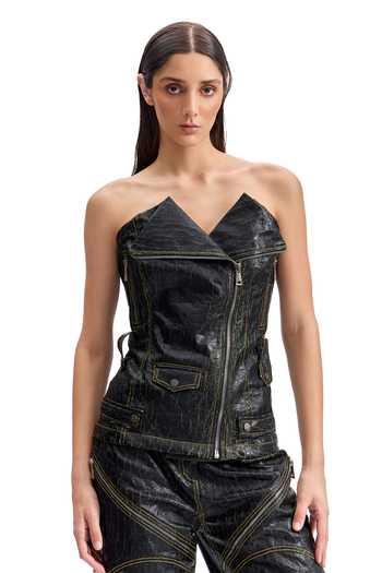 Shop_Cilvr_Black Polyester Studs, Buckles Asymmetric Cracked Leather Biker Corset Pant Set 